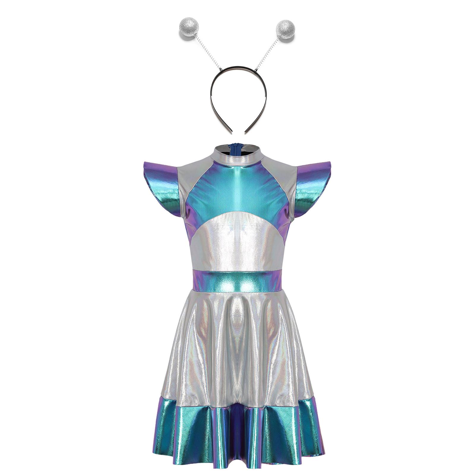Mädchen Alien Cosplay Kostüm Space Cutie Kleid Lustiges Alien Stirnband Accessoire Halloween Weltraum Verkleidungsoutfit 11-12 Years blau