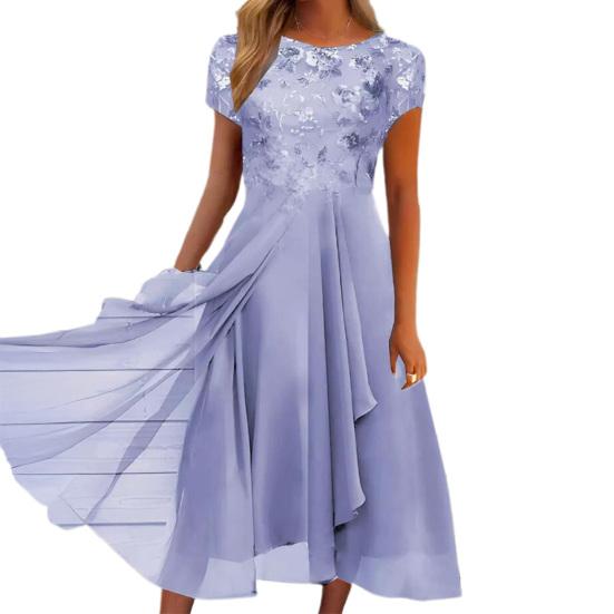 Rundhalsausschnitt Kurzarm Tailleneng Anliegend Hochtailliert Abendkleid Elegante Stickerei Spitze Blumenmuster Chiffon Drapierter Saum A-Linie Midi-Kleid Streetwear XL licht lila
