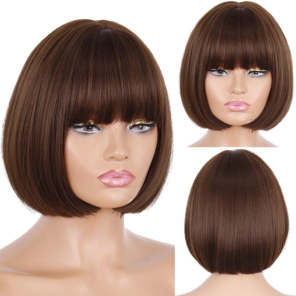 MISSQUEEN Kurze Bob-Perücke, braun, synthetische Perücken mit Pony, Cosplay, natürliches Alltagshaar für Frauen, hitzebeständig 12inches&CN