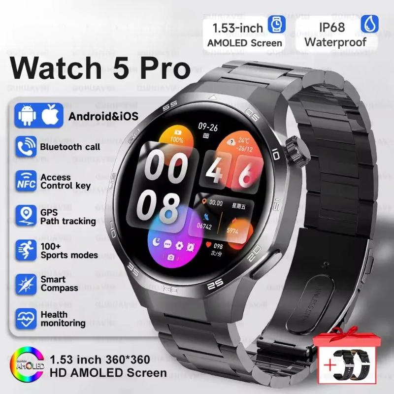2025 Neue Watch GT5 Max Smartwatch HD AMOLED Bildschirm NFC GPS Tracker Bluetooth Anruf Gesundheit Wasserdicht Smartwatch Männer Frauen Für Huawei Black Steel 2A