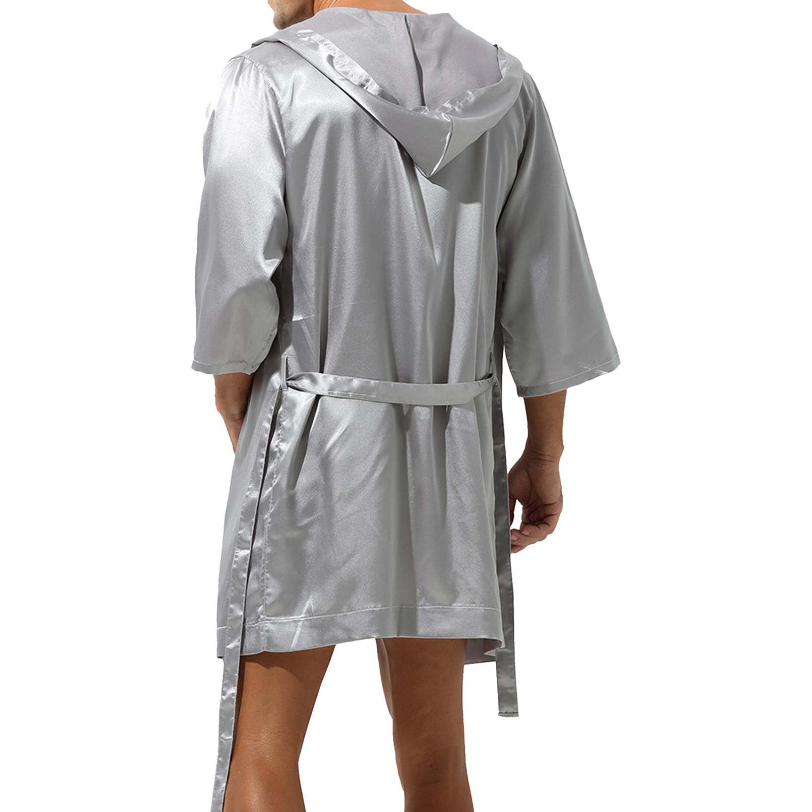 Herren-Bademantel aus Satin mit offener Vorderseite, leicht, Nachtwäsche, halbarm, Kimono-Bademantel M grau