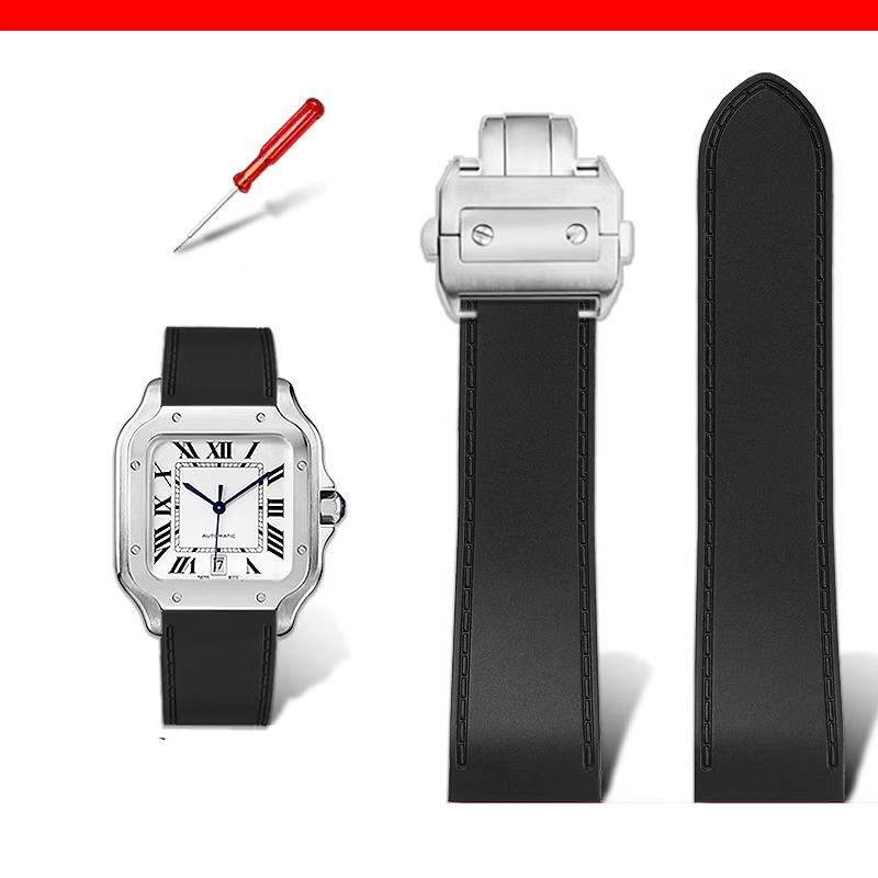 23mm 25m Für Cartier santos100 Santos Silikon-Gummi-Uhrenarmband santos 100 Metallschnalle Armband Herren Schwarz Blau Weiches Armband 23mm