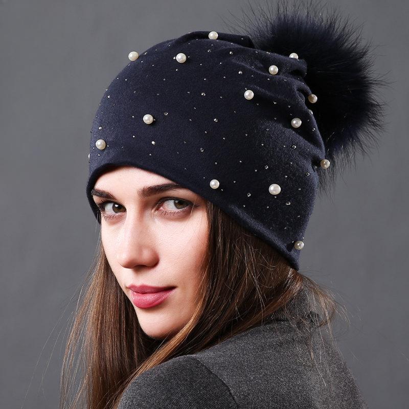 Damenmode Hut Herbst Winter Strass Perlen Hüte Weibliche Mützen Natürlicher Waschbärfell Bommel Baumwolle Warme Mützen