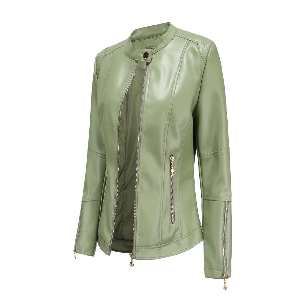 Modische Damen Lederjacke PU Leder Kurzmantel Stehkragenjacke Damen Frühling und Herbst Dünne Lederjacke L
