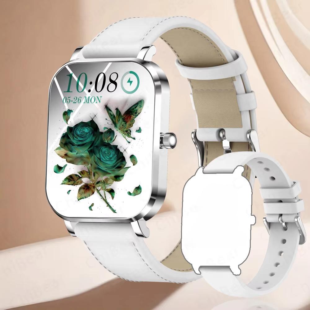 2025 Neue Mode Damen Smartwatch AMOLED HD Bildschirm Herzfrequenz Blutsauerstoffüberwachung BT Anruf Sport Smartwatch Frau für IOS Android Leather silber