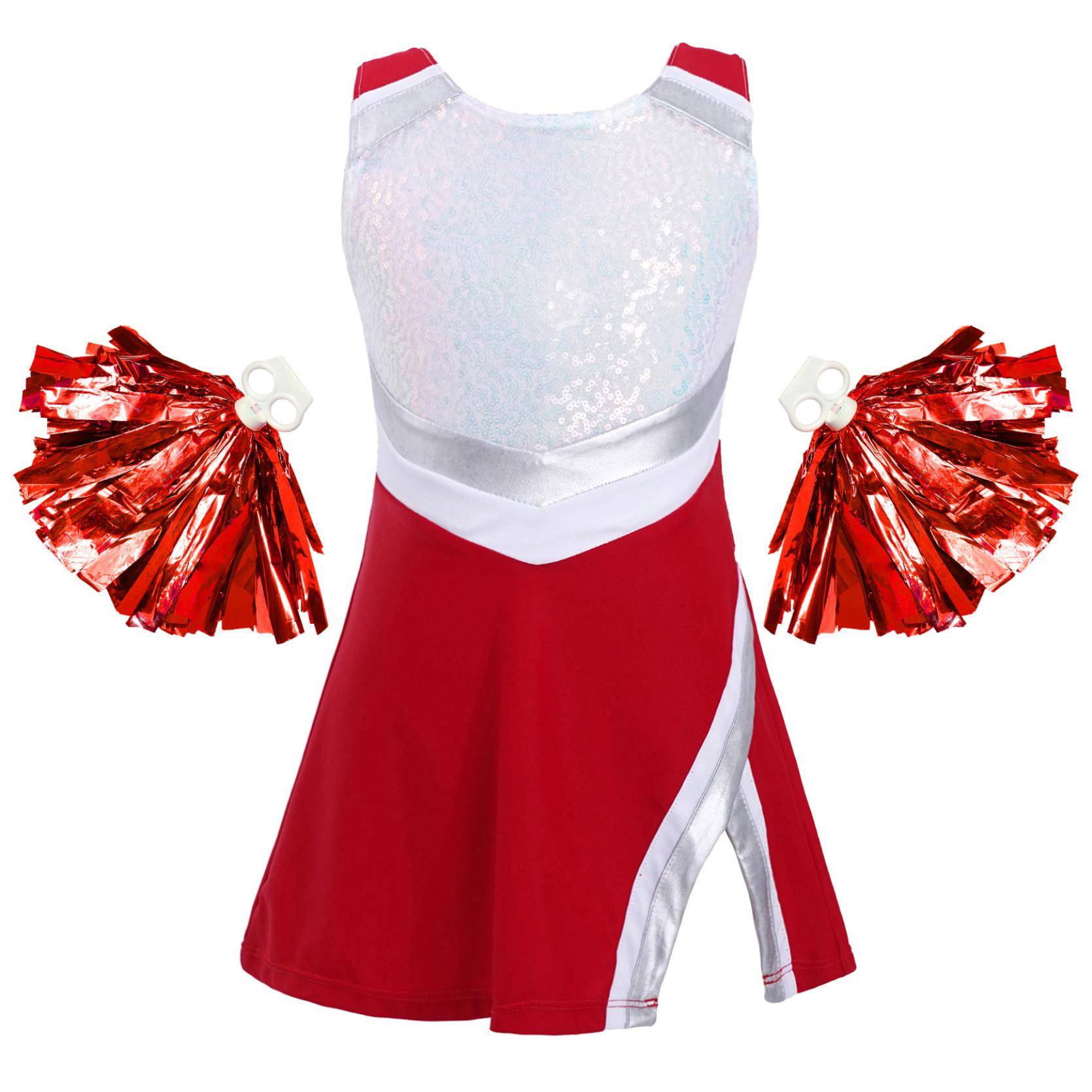 Kinder Mädchen Cheerleading Tanz-Outfit, ärmelloses, mit glänzenden Pailletten verziertes Kleid mit Shorts und Blumenbällen, Set für Halloween, Karneval, Party, Kostüm 3-4 Years rot