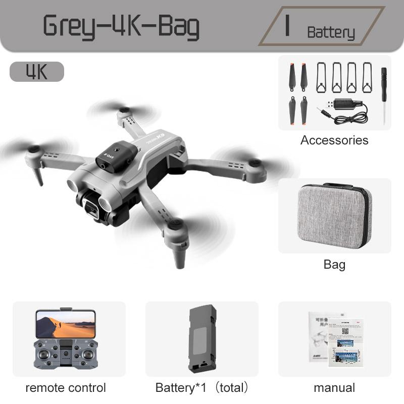 Neue K9Pro RC Drohne Dual-Kamera 4K Professionelle Weitwinkel Optische Fluss Positionierung Vier-Wege-Hindernisvermeidung Mini faltbares Quadcopter Spielzeug Gray-Dual4K-Bag-1B