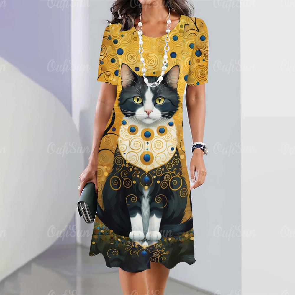 Neue Damenkleider mit Cartoon-Katzen-Aufdruck, Sommerurlaub, elegantes Kleid, kurzärmelige Kleider für Damen, modische übergroße Kleidung XS brown