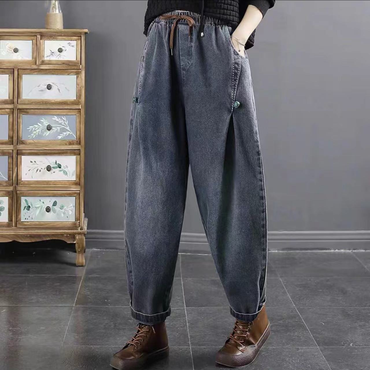 Frühlings-/Herbst Damenjeans Locker Elastischer Bund Damenjeans Freizeitjeans XXXL