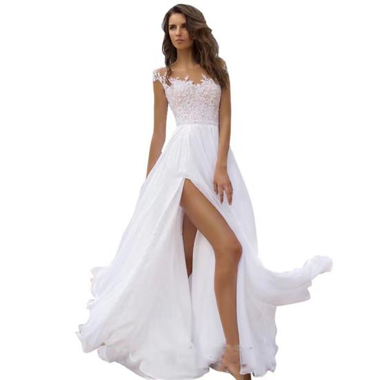 A-Linie Boho Brautkleider für die Braut Langes Chiffon-Brautjungfernkleid mit Schlitz Spitze V-Ausschnitt Abendkleid für Abschlussball Maskerade Strand XXXL weiß