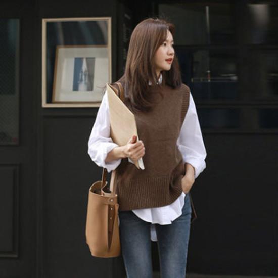 Neue Frauen Pullover Übergrößen Weste Oansatz Ärmellose Pullover Gestrickte Weste Büro Dame Temperament Casual Chic Weste Mantel Winter One Size braun