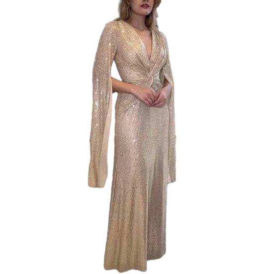 Damen Abendkleid Schlitzärmel Tiefer V-Ausschnitt Glänzende Pailletten Slim Fit XL champagner