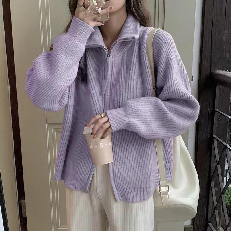 Gestrickte Strickjacke Pullover weiblich Frühling und Herbst Revers Reißverschluss Pullover Langarm solide Frauen ausländische Oberbekleidung Strickjacke weiblich One Size violett