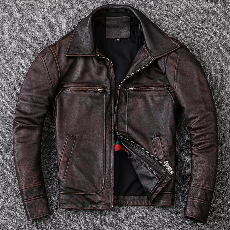 Chinesische Größe Neue Männer Rindsleder Mantel männer Echte Leder Jacke Vintage Stil Mann Leder Kleidung Motorrad Biker Jacken Plus Größe 134cm 3XL rotbraun