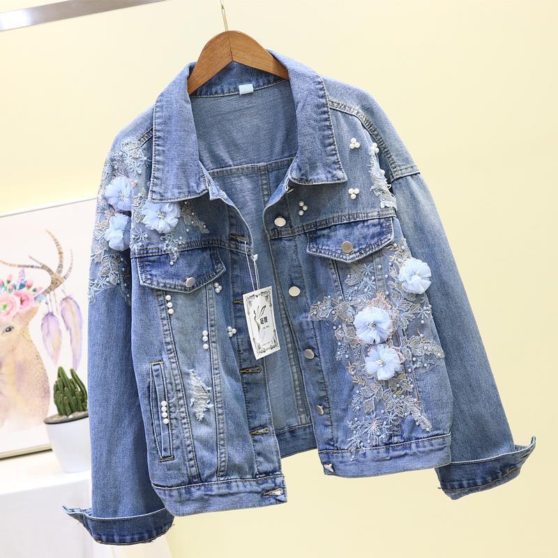 3D-bestickte Jeansjacke, dreidimensionale Blumen-Perlenloch-Jeansjacke, lockere kurze Jacke für Damen, Vintage-Jeans-Cardigan 2XL blau