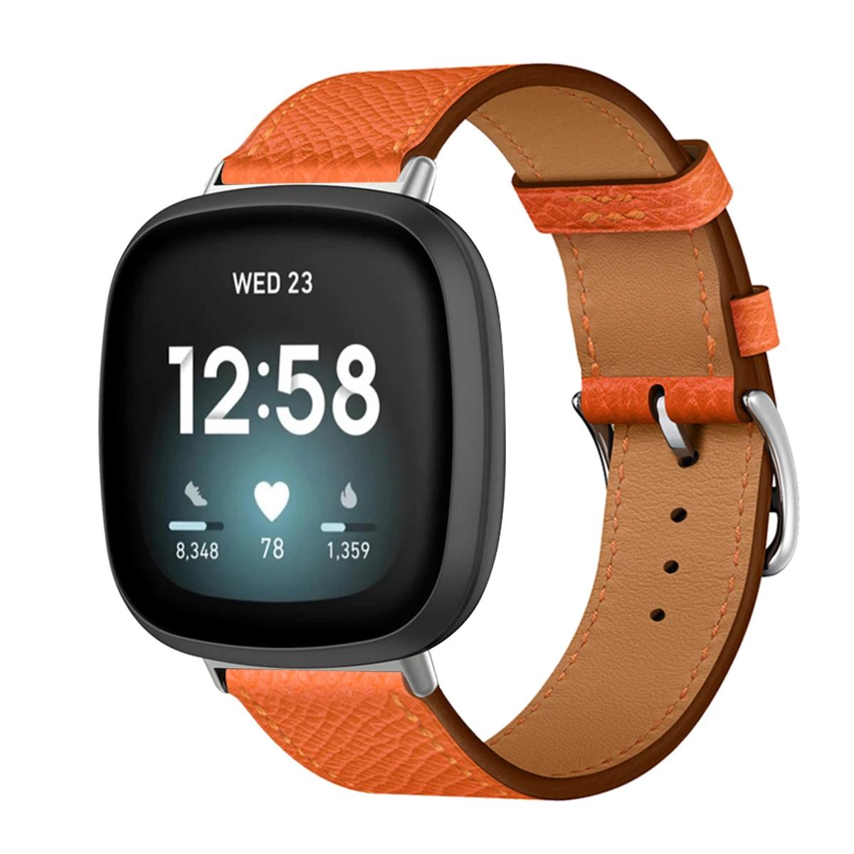 Echtes Lederarmband für Fitbit Versa 4 3 Versa Lite Armband Smartwatch Armband für Fitbit Sense 2/1/Versa 2 1 Correa Uhrenarmband Dornschließe For Fibit Versa 4 cadmium orange