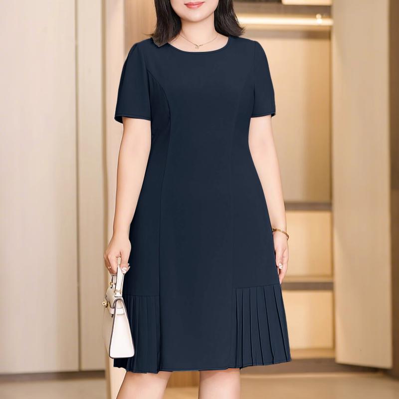 ZANZEA Damen Sommer Rundhals Kurzarm Plissierter Saum Kleider L dunkelblau