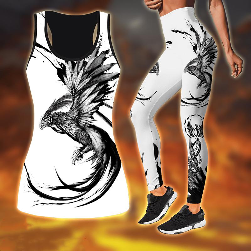 Yoga-Outfit mit Phoenix-Aufdruck für Damen, modische 3D-gedruckte Workout-Leggings, Fitness, Sport, hohe Taille, lässige Yoga-Hose L grau