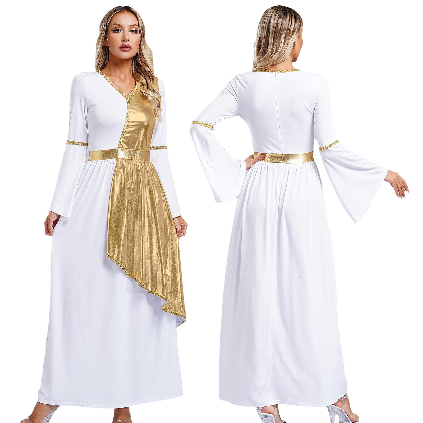 Frauen Römisch-Griechisch Schönheit Toga Kleid Königin Athene Kostüm Metallic Overlay Gold Trim Chor Anbetung Robe Halloween Cosplay Kostüm S gold
