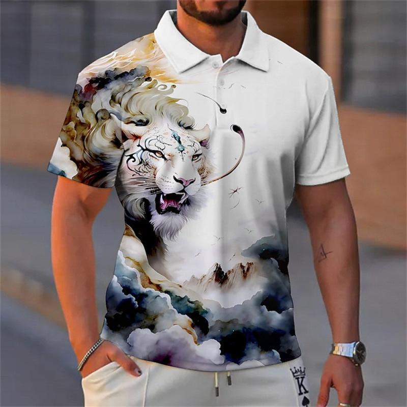 Tier Herren Polo 3D Tiger & Löwe Gedruckt Wildes Tier Herrenbekleidung Sommer Lässig Kurzarm Lose Übergröße Hemden Senior Top 3XL