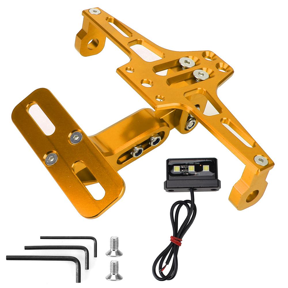Mit LED-Licht, CNC-Aluminium, verstellbar, Moto-Zubehör, Motorrad-Kennzeichen-Nummernschild-Halter, Rahmen, Blinker-Lichthalterung, Universal gold