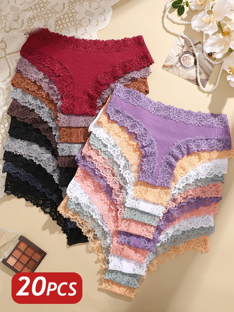 20 STÜCKE Damen Baumwolle Brazilian Slips Nahtlose Spitzen-Tangas Tiefer Bund Damenunterwäsche Bequeme Sexy Dessous Intimates Slips XL&20pcs gray