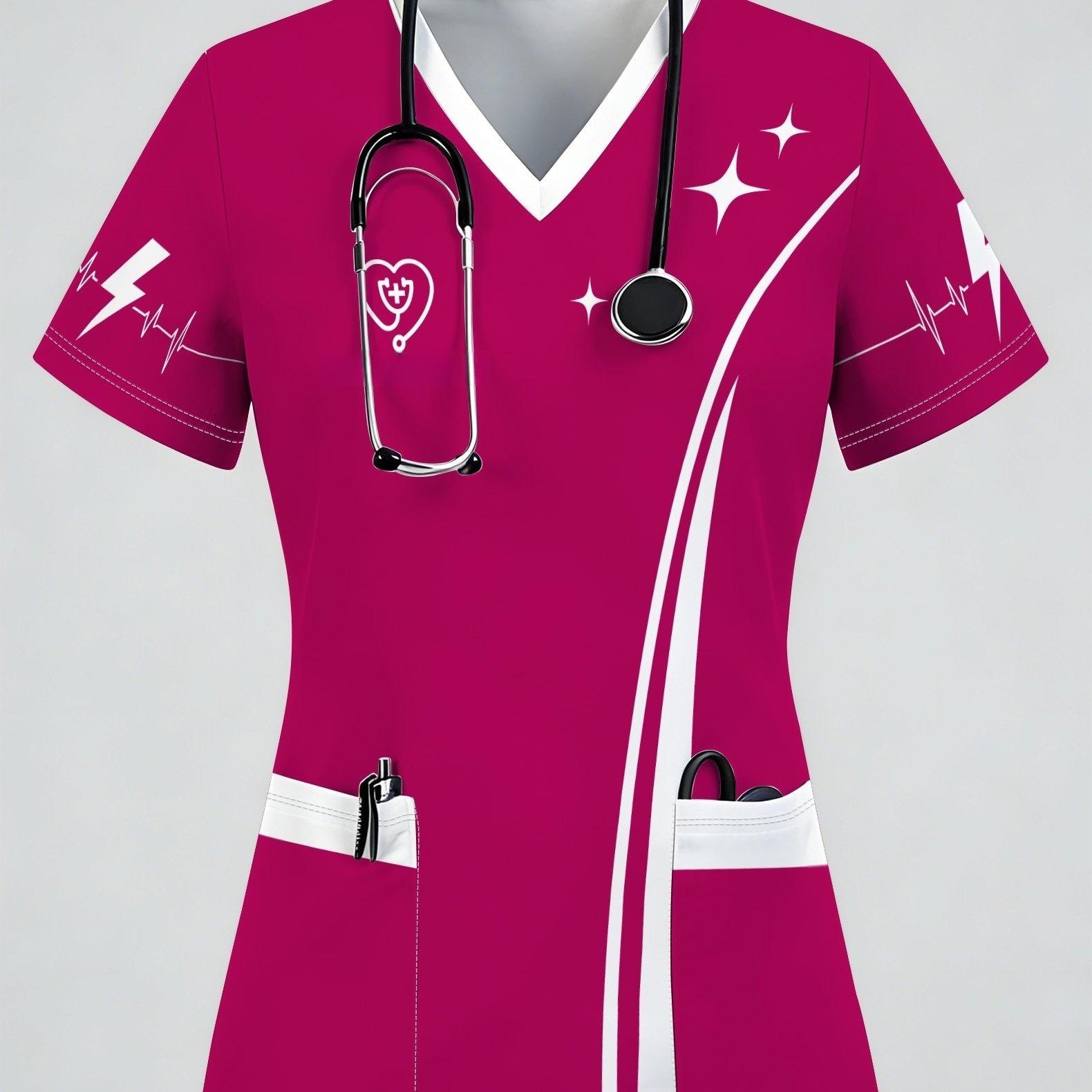 2026 Damen Kasack Arbeitskleidung Damen T-Shirt, Bequemes Damen Kurzarm-T-Shirt, Kurzarm V-Ausschnitt Krankenschwester Damen Oberteil S white