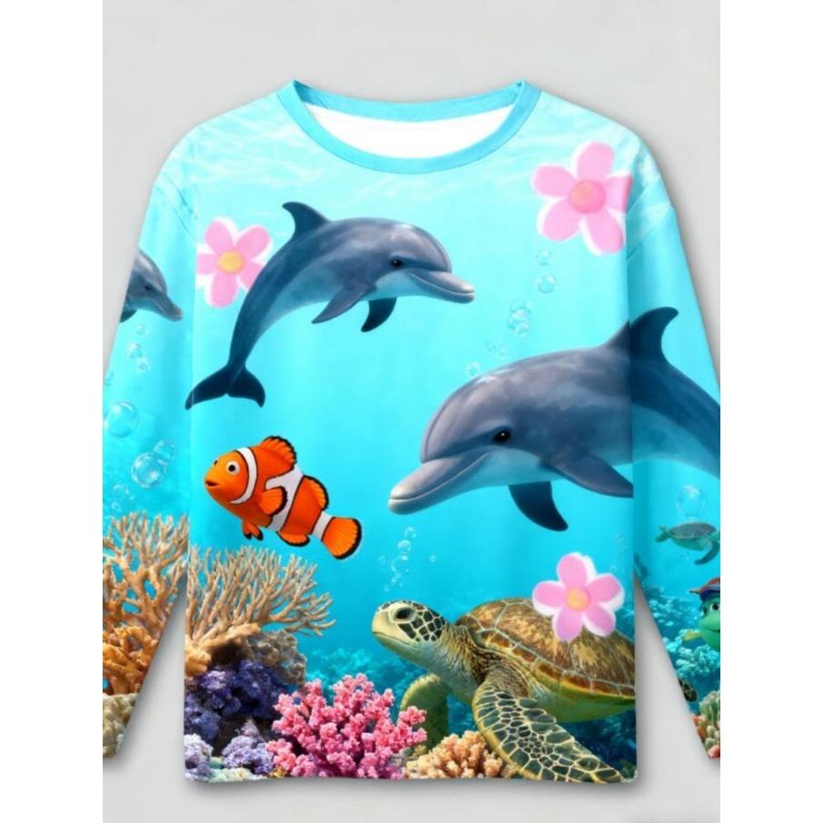 Meerestier Fisch 3D-gedrucktes T-Shirt Bequemes Polyester Jungen Mädchen Kinder Langarm-T-Shirt Kinderbekleidung 110