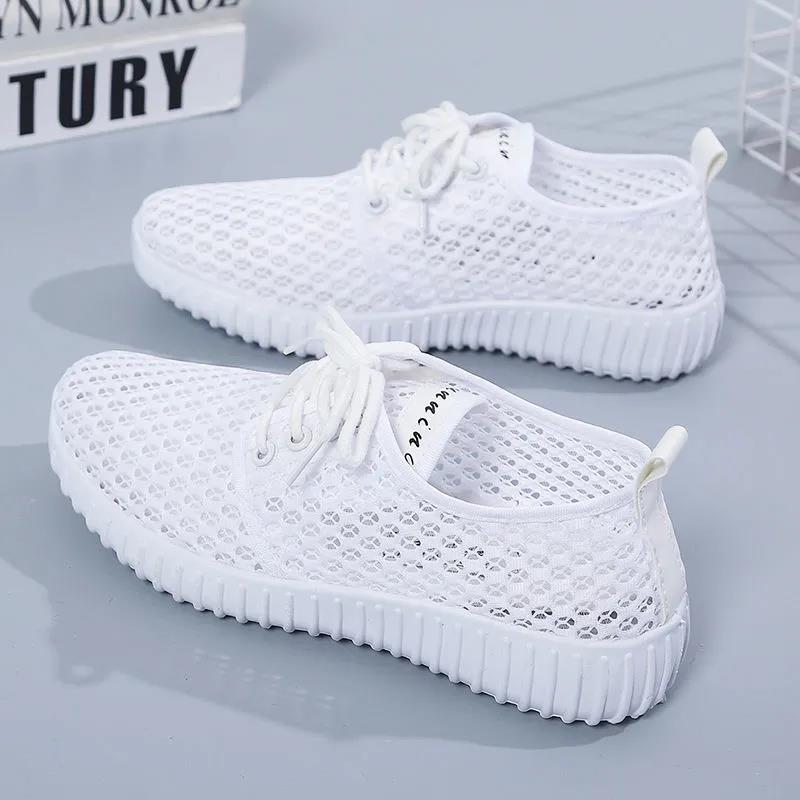 Frauen Sommer Einfarbig Schuhe Weiche Sohle Anti-slip Alle-spiel Casual Schuhe Weibliche Große Größe Flache Atmungsaktive mesh Sport Schuhe 36 weiß
