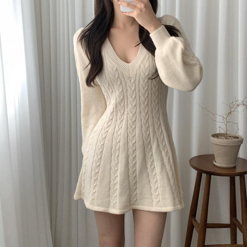 Strickpullover Minikleid Damen Casual Laternenärmel Kurze Kleider Herbst Winter V-Ausschnitt Outfits Weiblich S weiß