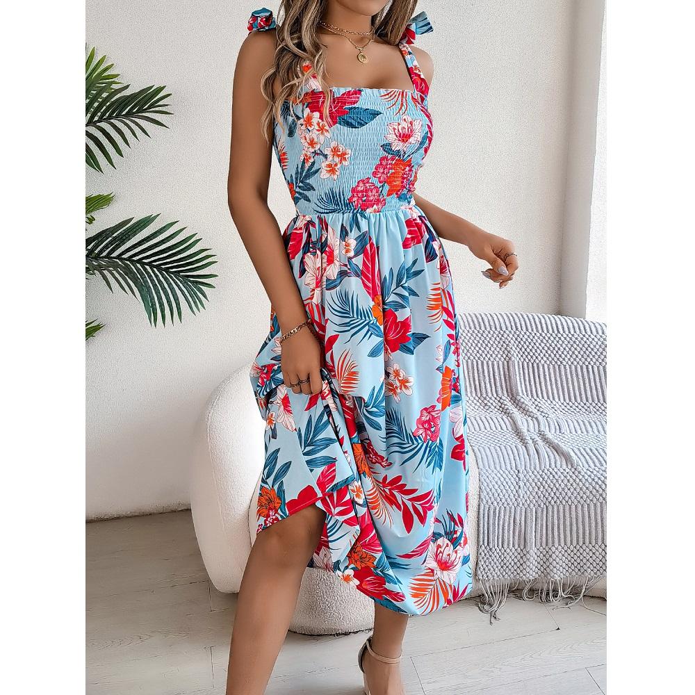 Damen Sommerkleider Spaghettiträger Bandage Blumendruck Strand Langes Kleid Damen Lässig Elastische Taille Maxikleider XL blau
