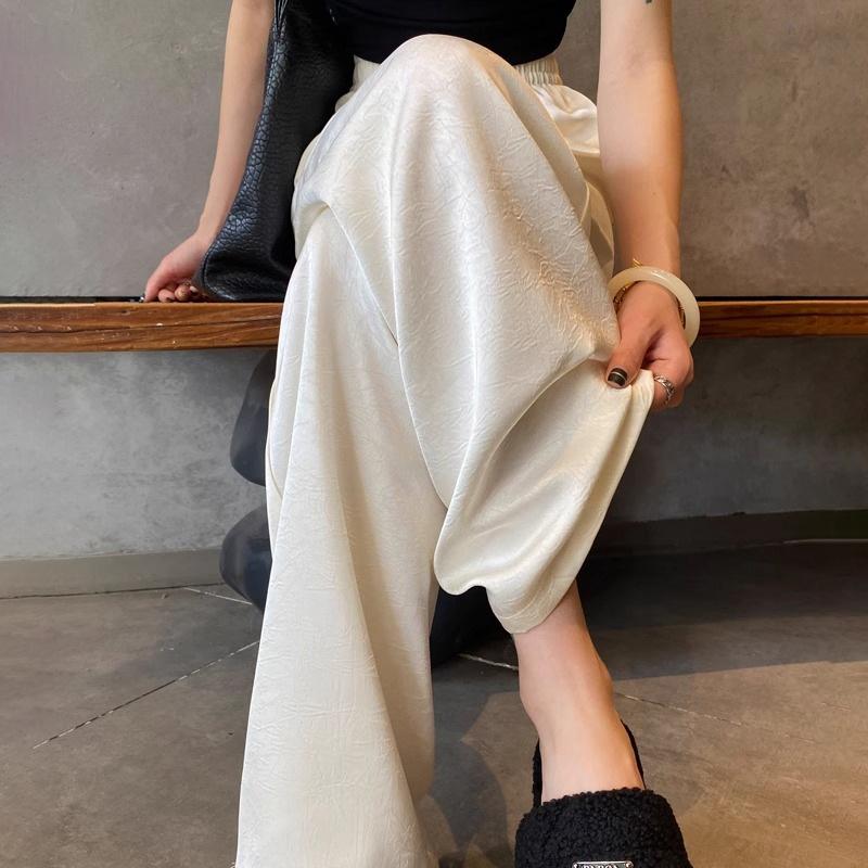 Damen High Waist Casual Sommer Schlupfhose Hose Eisseide Knöchellang Lange Hose Damen Schlupfhose Weitbein Hose M beige