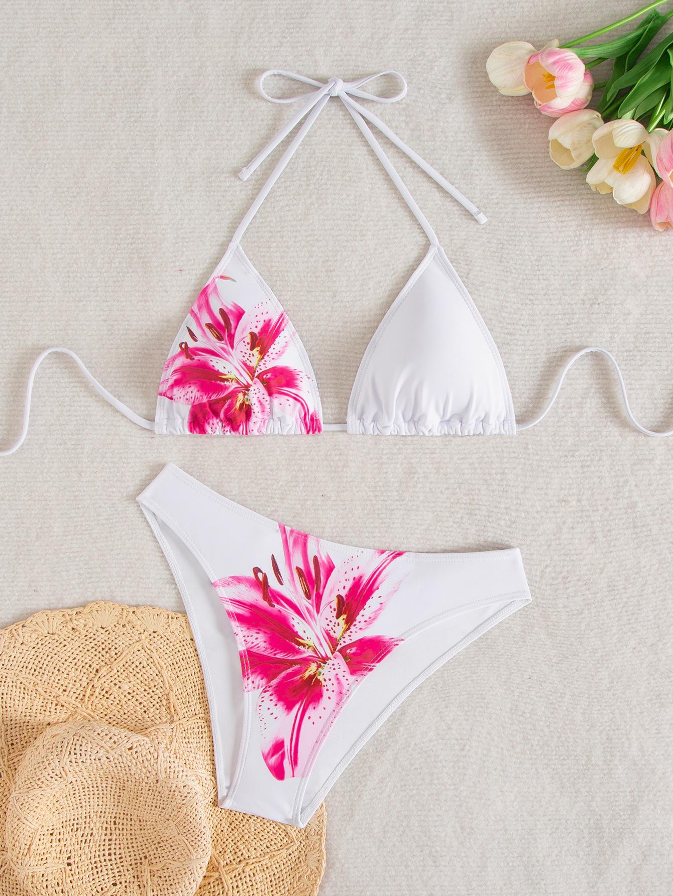 Bedruckter Bikini zum Binden Dreieck Sexy Bikini geteilter Badeanzug für Frauen L weiß