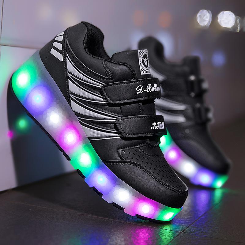 Wiederaufladbare Rollschuhe für Kinder, Doppelrollschuhe, Herren/Damen, LED-Beleuchtung, Schuhe, Turnschuhe 27 schwarz