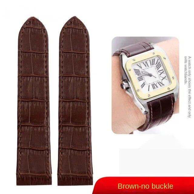 Uhrenarmband für Cartier Santos 100 Uhr 20mm 23mm Herren Damen Hochwertiges Rindslederarmband Faltschließe Echtes Lederarmband Brown-no buckle  20mm