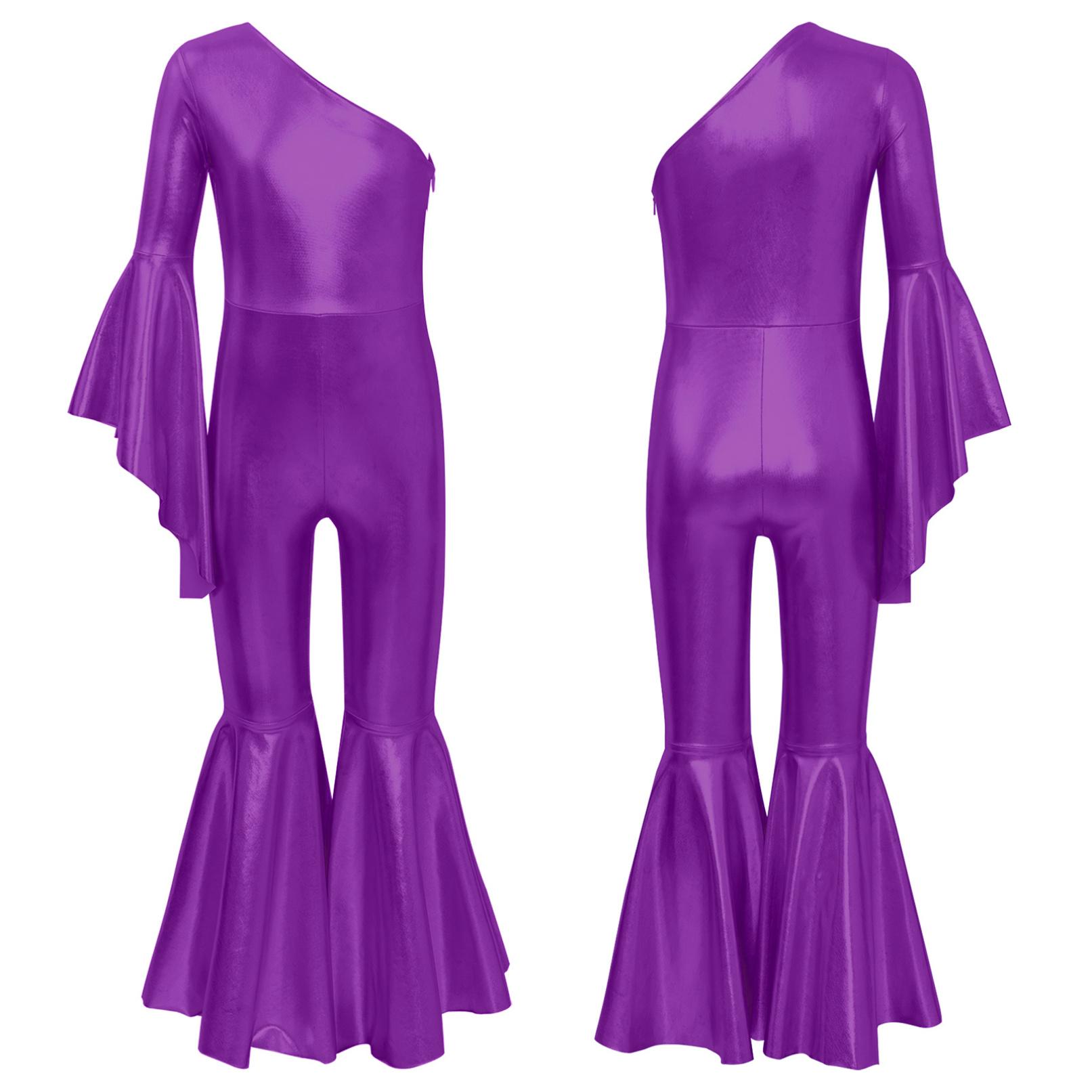 Metallisch glänzender Bell-Bottom-Tanzoverall für Mädchen, modisch, One-Shoulder-Body mit ausgestellten Ärmeln, Karneval, Mottoparty, Performance-Kostüm 5-6 Years violett