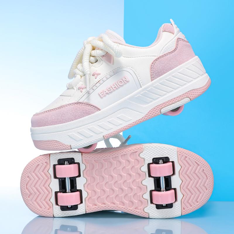 Jungen Rollschuhe mit drehbarem Knopf und vier Rädern Kinderschuhe mit Rollen Mädchen Rollschuhe 32 rosa