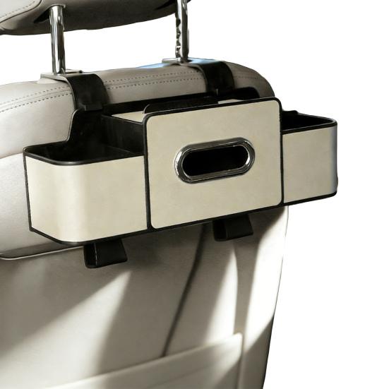 3-in-1 Auto-Rücksitz-Organizer Multifunktionale Rücksitz-Aufbewahrungsbox mit 2 Getränkehaltern Taschentuchbox und Haken für Handys Snacks Getränke Handtaschen beige