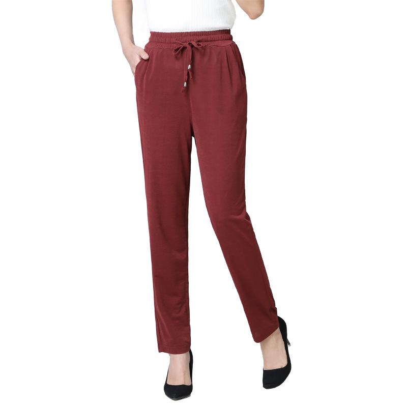 Frauen Sommer Elastische Taille Casual Harem Hosen Eis Seide Gerade Bein Lose Hosen Neunte Hosen XXXL wein rot