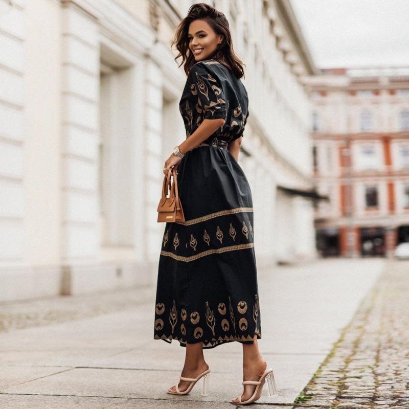 HI-MODE Retro Hemd Kleid Frauen Casual Halbe Hülse Lose Maxi Kleid Elegante Taste Gürtel Hohe Taille Lange Strand party Kleid M schwarz