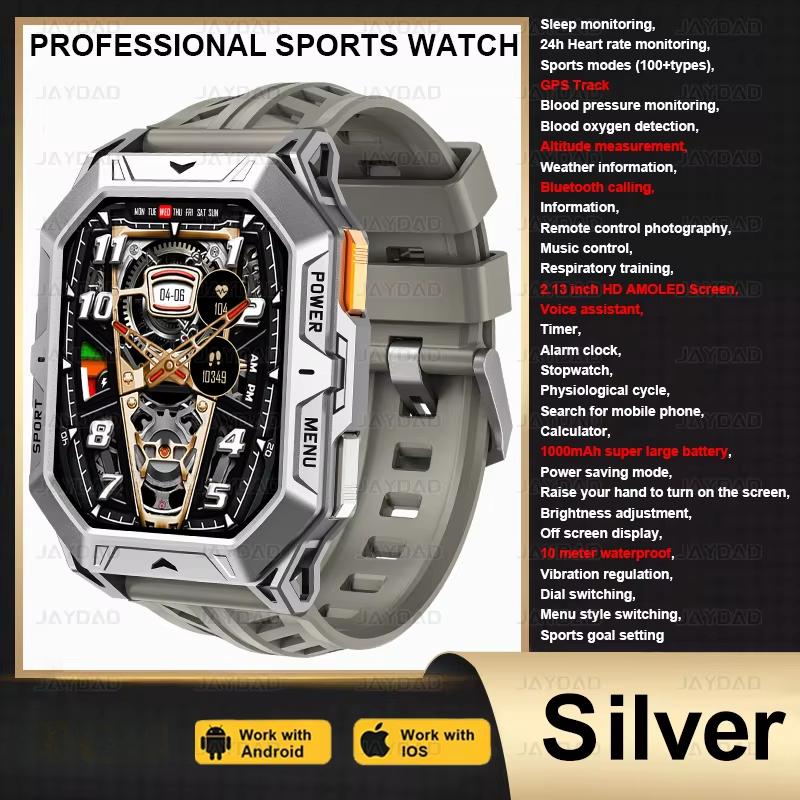 2025 Neue Herren Sport Smartwatch 1000mAh Ultra Langlebig GPS Tracker Kompass 10ATM Wasserdicht Kompass Bluetooth Anruf Smartwatch silber