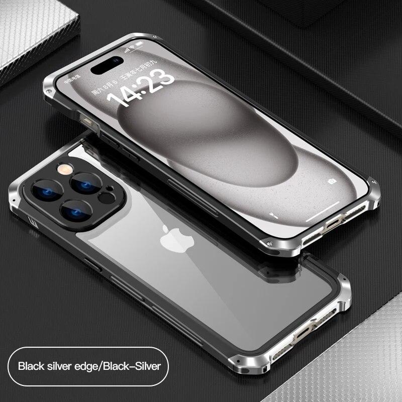 Luxus Metall Rüstung Fall für iPhone 15 Pro Max Fall stoßfest Glas Schutz zurück Abdeckung für iPhone 15 14 13 11 Pro Max Xr Xs Max For iphone 15ProMax silber