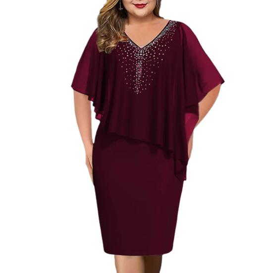 Frauen Party Kleid V-ausschnitt Kurzarm Einfarbig Unregelmäßigen Strass Dekor Kleid-up Bodycon Plus Größe Chiffon Dame Bankett kleid 3XL wein rot