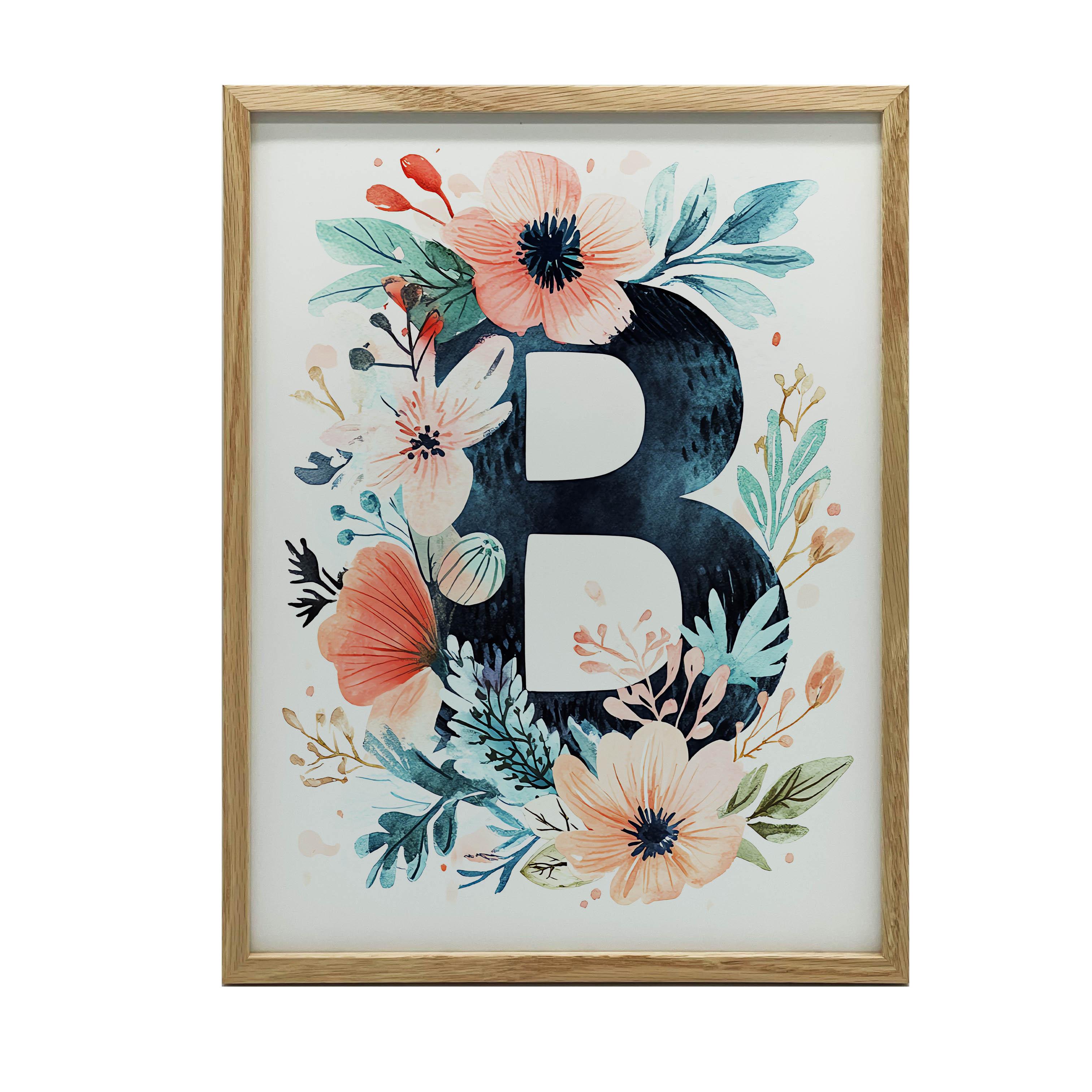 Poster Buchstabe  B  Umgeben von bunten Blumen Poster Buchstabe  B  Umgeben von bunten Blumen, 50X70 cm, Holzrahmen Dunkelbraun, Mattes Papier 230 54