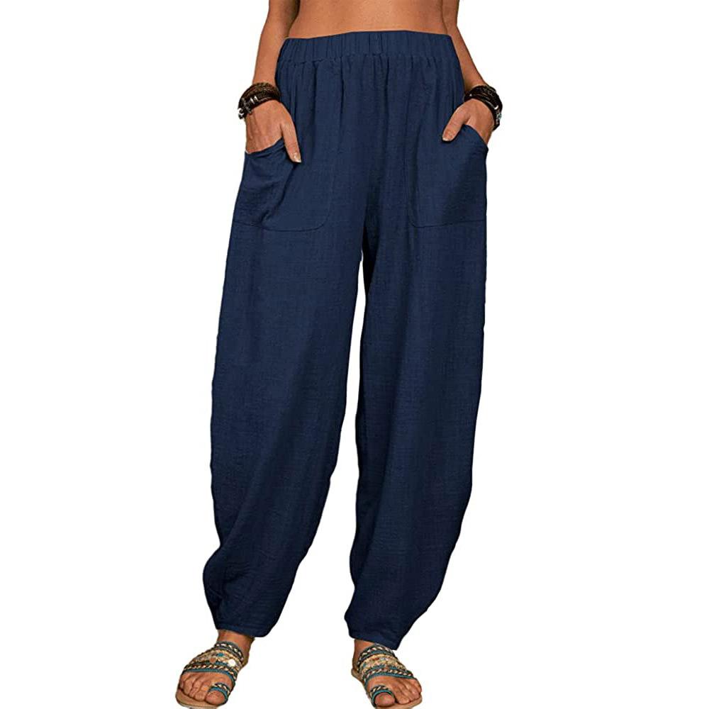Haremshose für Damen, Sommer, lässig, Retro, große Größe, Hose aus Baumwolle und Leinen, elastische Taille, Hose mit weitem Bein, Haushose 5XL navy blau