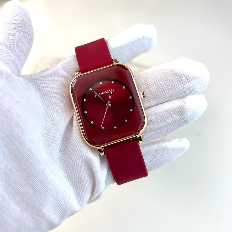 Frauen-Strass-Uhr-Damen-Silikon-Gürtel-Quarz-Armbanduhren rose rot