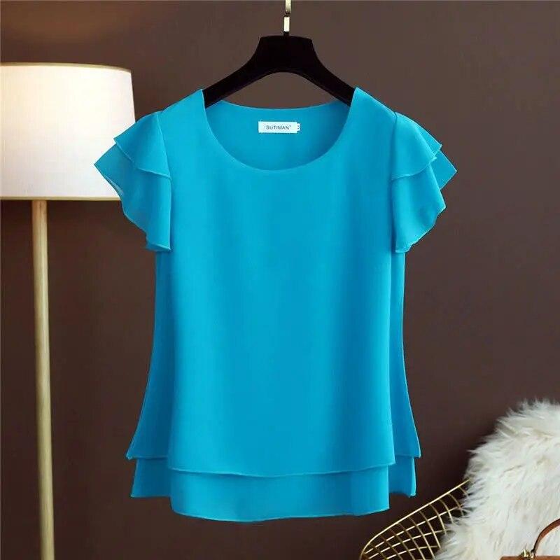 Sommer Übergroße lockere und dünne lässige Bluse Top Kurzarm Chiffon Top Weiße Bluse Grüne Damen Tops M blau