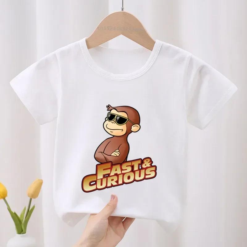 Neugieriger George Niedlicher Affen-Print Kinder-T-Shirt Kinderkleidung Sommer Baby Mädchen Kleidung Jungen Kurzarm-T-Shirts 140 white