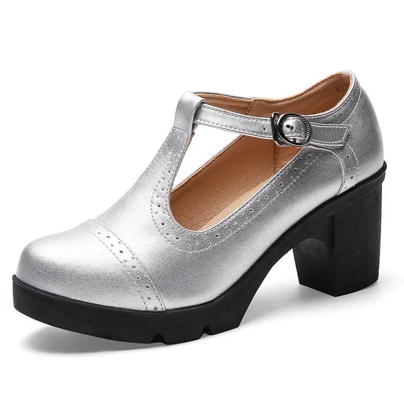Mode Mode Britischer Stil Runde Zehen Mary Jane Schuhe Leder Ausgeschnitten Quadratische Absätze Plateau Retro Damen Tanzschuhe 34 silber