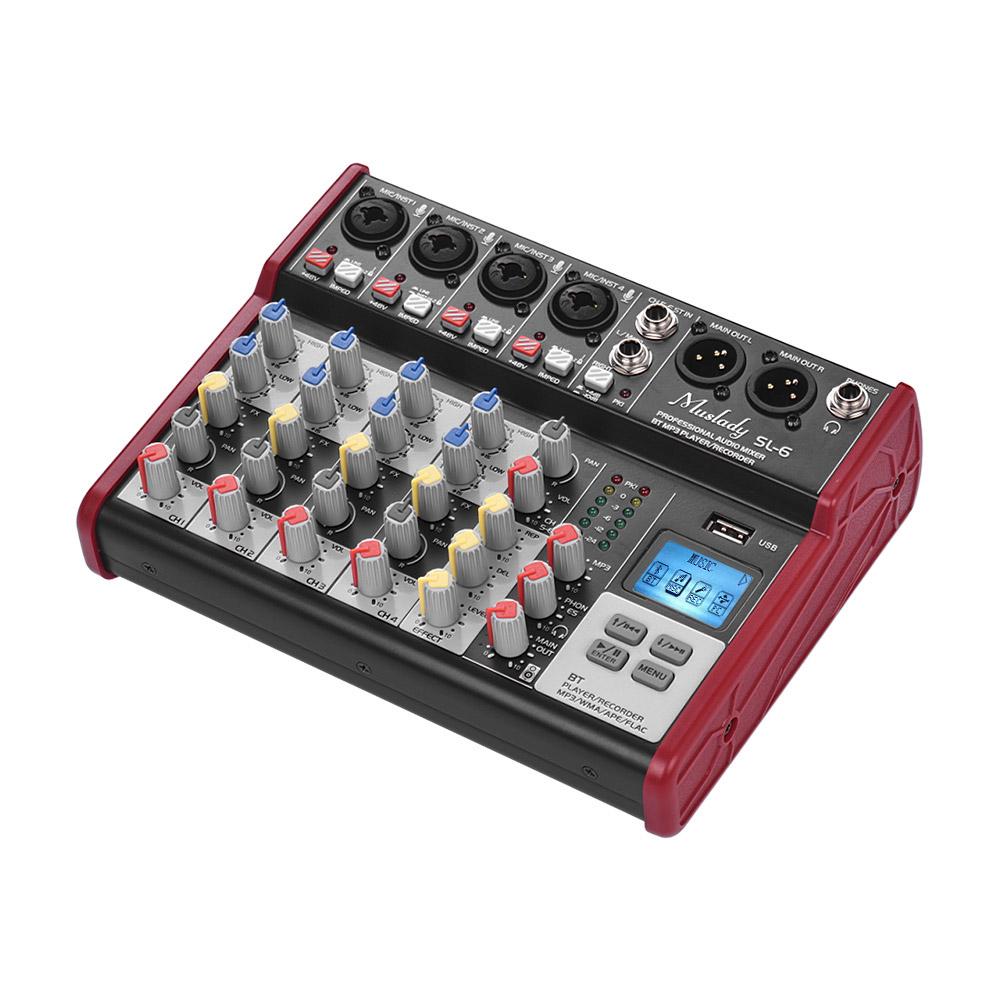 Muslady SL-6 Tragbarer 6-Kanal-Mischpult-Mixer, 2-Band-EQ, integrierte 48-V-Phantomspeisung, unterstützt EU Plug